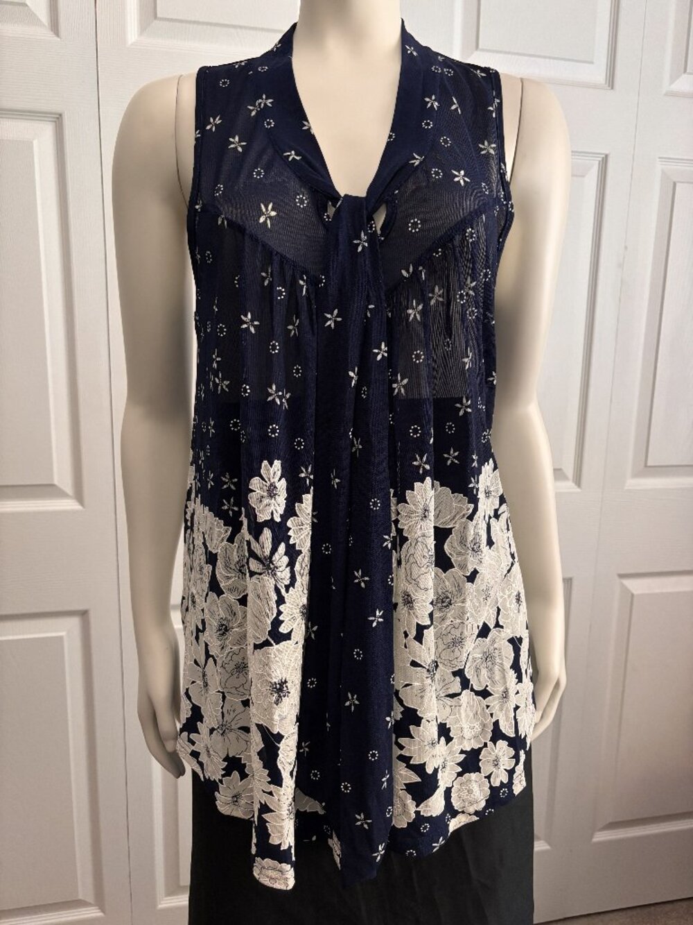 Ember Missy Small Navy Ivory Floral Tie Neck Sleeveless Blouse Sheer Overlay